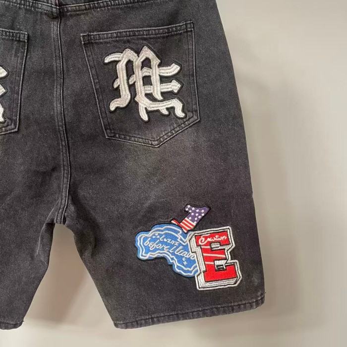 Multi Motif Patch Applique Embroidery Gothic Letter Towel Embroidery Washed Denim Shorts 29285831