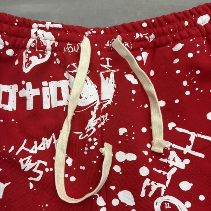 Splatter Graffiti Print Raw Hem Drawstring Terry Cloth Loose Sweat Shorts 4 colors 29285758