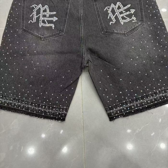 All Over Logo Rhinestone Studded Splash Hotfix Drill Frayed Raw Hem Denim Shorts 29285786