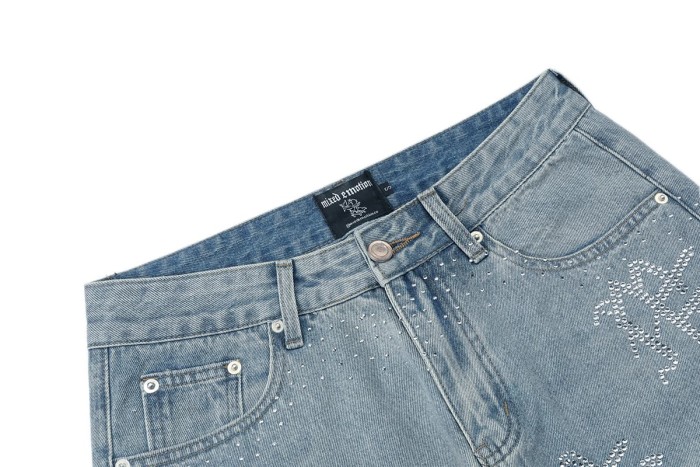 All Over Rhinestone Logo Studded Contrast Hem Washed Denim Straight Denim Shorts 29285809