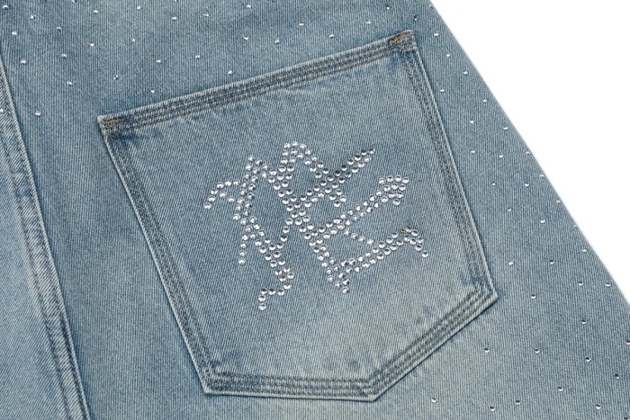All Over Rhinestone Logo Studded Contrast Hem Washed Denim Straight Denim Shorts 29285809