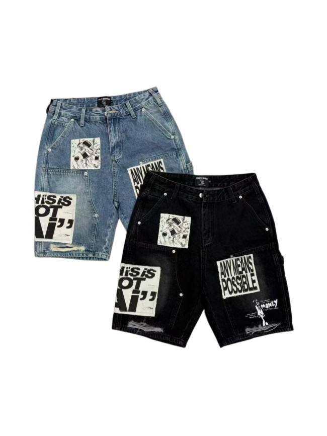 Text Patch Applique Ripped Panel Washed Denim Loose Carpenter Denim Shorts 2 colors 29285779