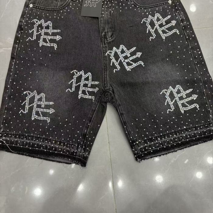 All Over Logo Rhinestone Studded Splash Hotfix Drill Frayed Raw Hem Denim Shorts 29285786