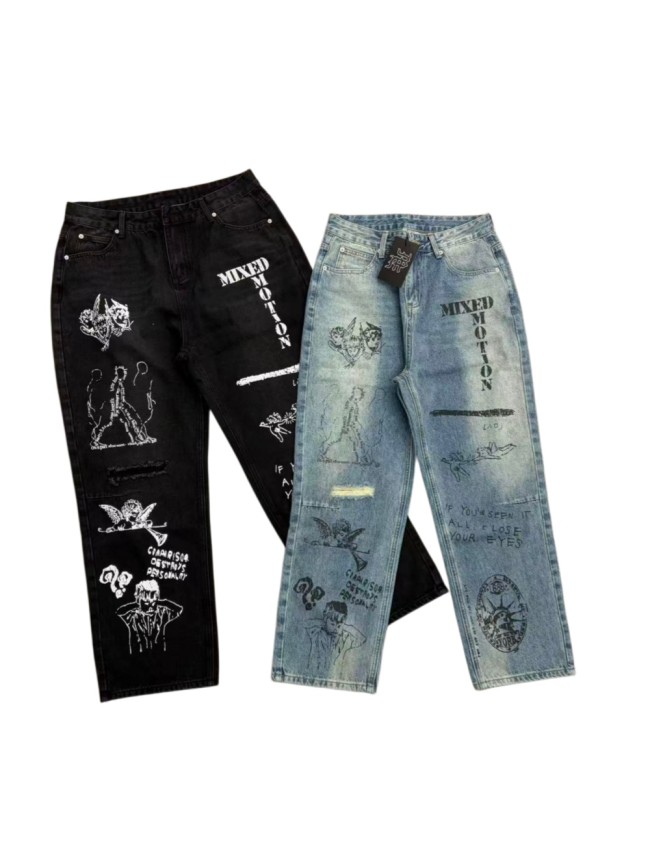 Full Graffiti Figure Print Ripped Distressed Washed Denim Men Wide Leg Straight Denim Jeans 2 colors 29285730