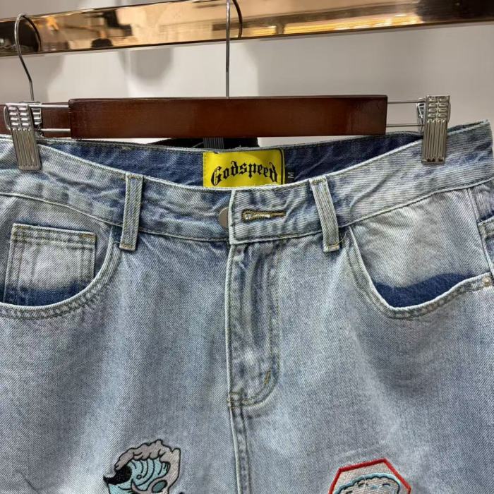 Multi Patches Embroidery Raw Hem Panel Washed Denim Shorts 2 colors 29285654