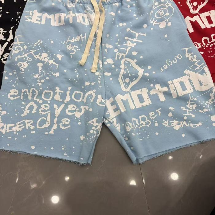 Splatter Graffiti Print Raw Hem Drawstring Terry Cloth Loose Sweat Shorts 4 colors 29285758