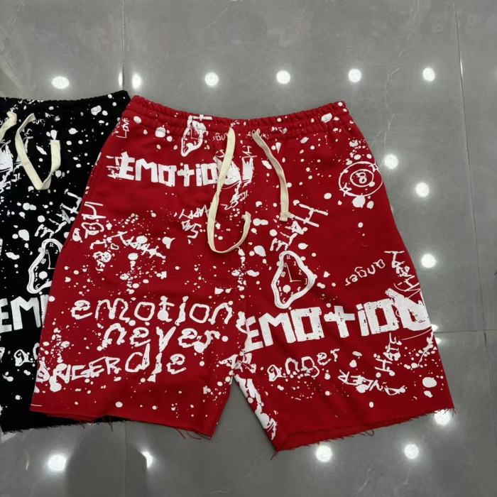 Splatter Graffiti Print Raw Hem Drawstring Terry Cloth Loose Sweat Shorts 4 colors 29285758