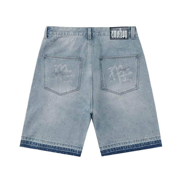 All Over Rhinestone Logo Studded Contrast Hem Washed Denim Straight Denim Shorts 29285809