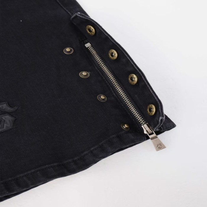 All Over Logo Embroidery Split Cuff Button Detail Acid Washed Flare Leg Jeans 3 colors 29285670