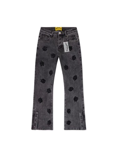 All Over Logo Embroidery Split Cuff Button Detail Acid Washed Flare Leg Jeans 3 colors 29285670