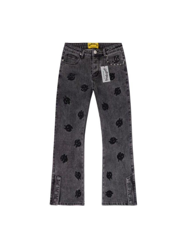 All Over Logo Embroidery Split Cuff Button Detail Acid Washed Flare Leg Jeans 3 colors 29285670