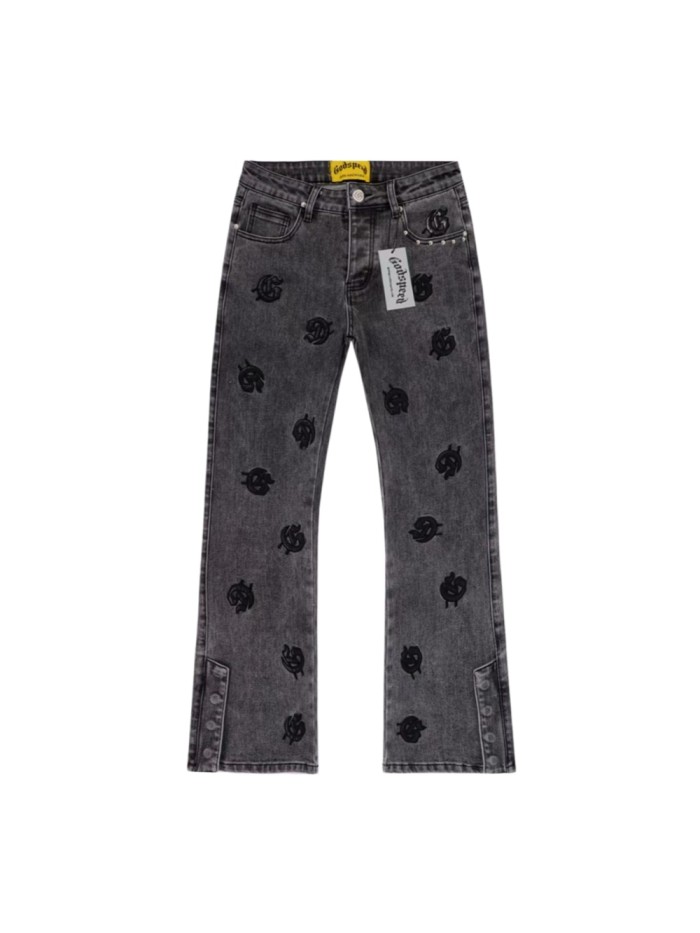 All Over Logo Embroidery Split Cuff Button Detail Acid Washed Flare Leg Jeans 3 colors 29285670