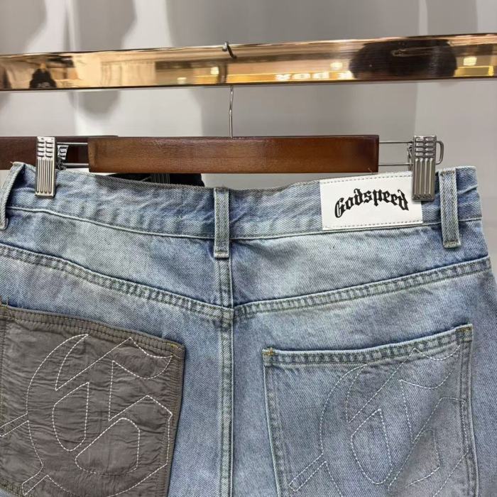 Multi Patches Embroidery Raw Hem Panel Washed Denim Shorts 2 colors 29285654