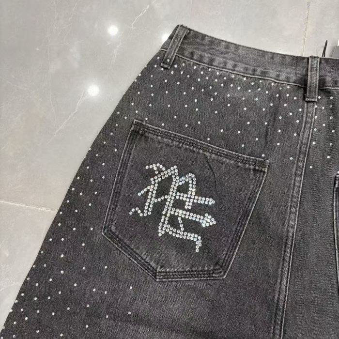 All Over Logo Rhinestone Studded Splash Hotfix Drill Frayed Raw Hem Denim Shorts 29285786