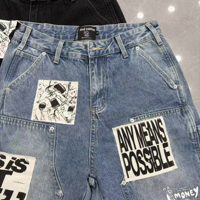 Text Patch Applique Ripped Panel Washed Denim Loose Carpenter Denim Shorts 2 colors 29285779