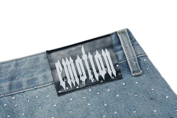 All Over Rhinestone Logo Studded Contrast Hem Washed Denim Straight Denim Shorts 29285809