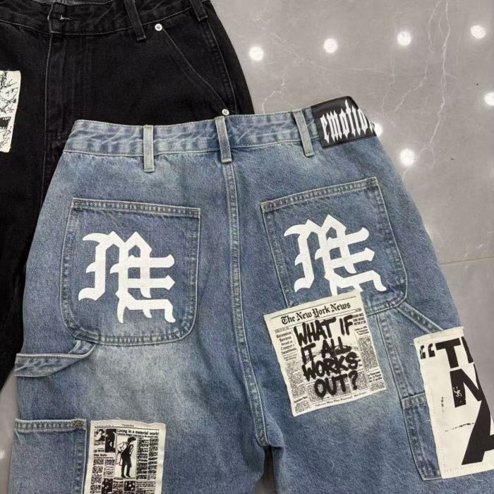 Text Patch Applique Ripped Panel Washed Denim Loose Carpenter Denim Shorts 2 colors 29285779
