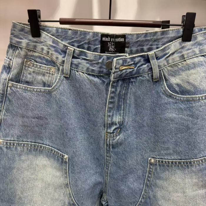 Double Front Pocket Rivet Stitch Panel Washed Men Carpenter Five Inch Denim Shorts 2 colors 29285744