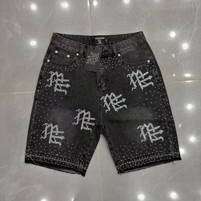 All Over Logo Rhinestone Studded Splash Hotfix Drill Frayed Raw Hem Denim Shorts 29285786