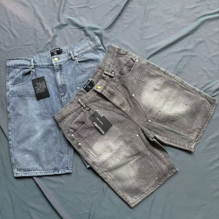 Paisley Embroidery Rhinestone Accent Gradient Washed Denim Shorts 2 colors 29285800