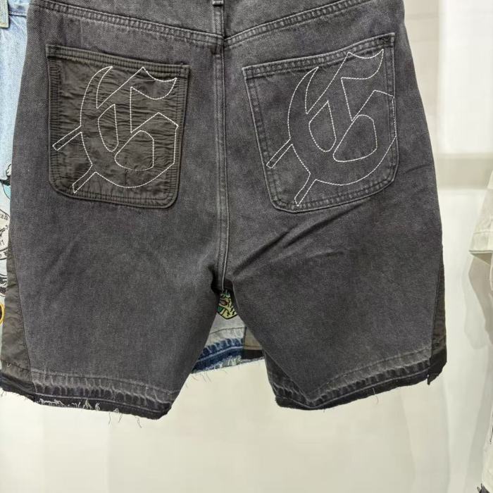 Multi Patches Embroidery Raw Hem Panel Washed Denim Shorts 2 colors 29285654