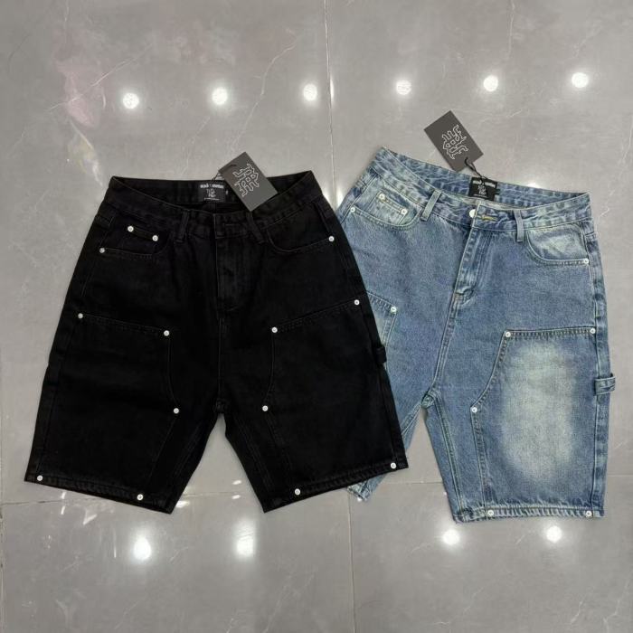 Double Front Pocket Rivet Stitch Panel Washed Men Carpenter Five Inch Denim Shorts 2 colors 29285744