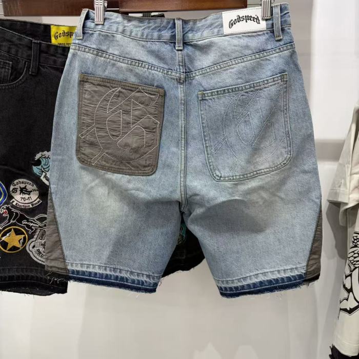 Multi Patches Embroidery Raw Hem Panel Washed Denim Shorts 2 colors 29285654