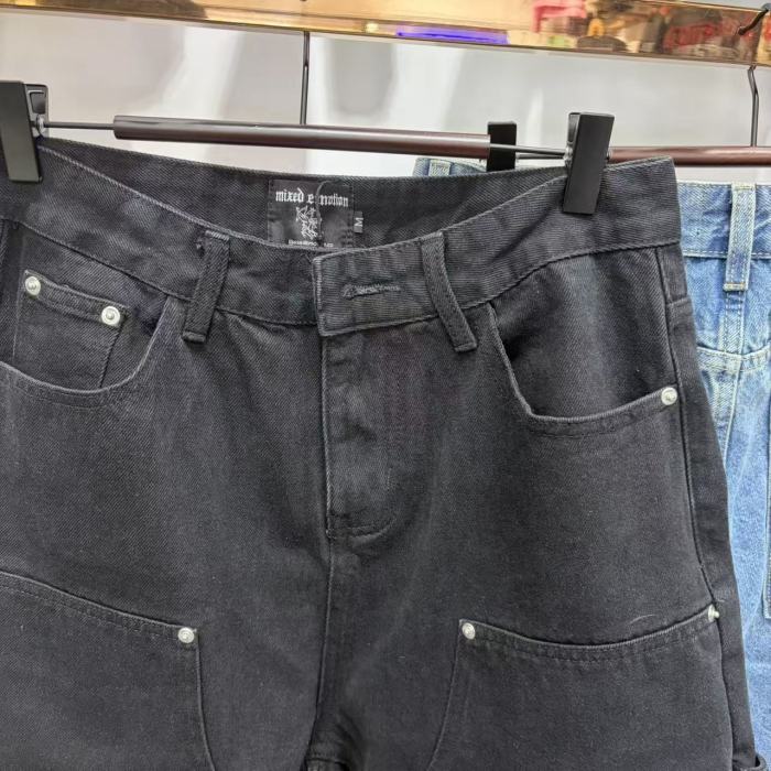 Double Front Pocket Rivet Stitch Panel Washed Men Carpenter Five Inch Denim Shorts 2 colors 29285744