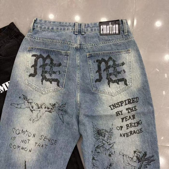 Full Graffiti Figure Print Ripped Distressed Washed Denim Men Wide Leg Straight Denim Jeans 2 colors 29285730