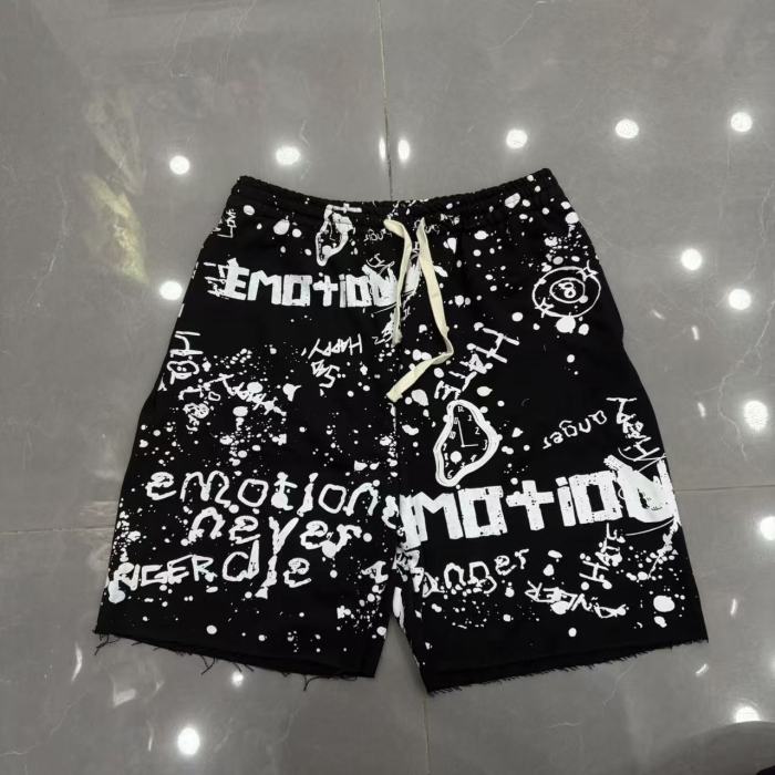Splatter Graffiti Print Raw Hem Drawstring Terry Cloth Loose Sweat Shorts 4 colors 29285758