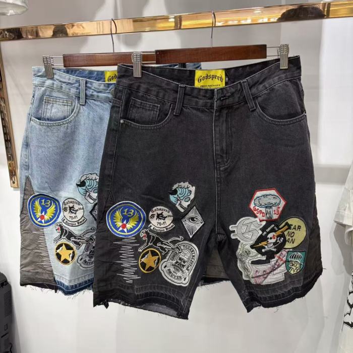 Multi Patches Embroidery Raw Hem Panel Washed Denim Shorts 2 colors 29285654