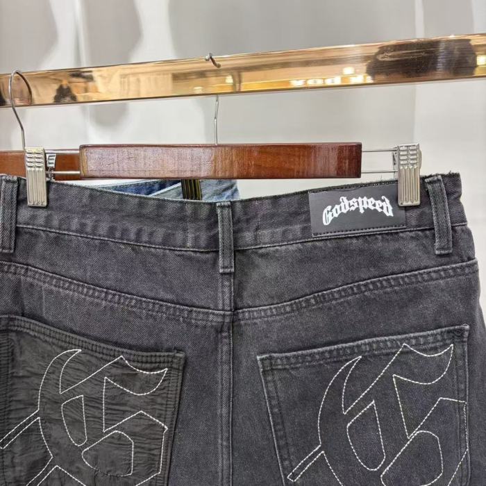 Multi Patches Embroidery Raw Hem Panel Washed Denim Shorts 2 colors 29285654