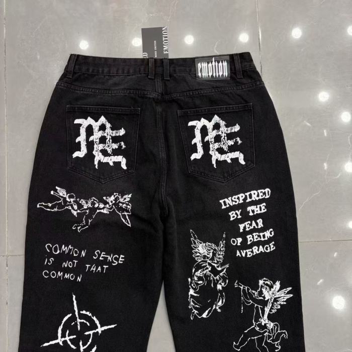 Full Graffiti Figure Print Ripped Distressed Washed Denim Men Wide Leg Straight Denim Jeans 2 colors 29285730