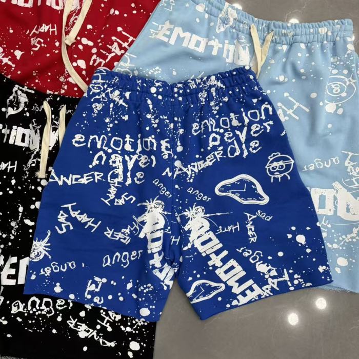 Splatter Graffiti Print Raw Hem Drawstring Terry Cloth Loose Sweat Shorts 4 colors 29285758