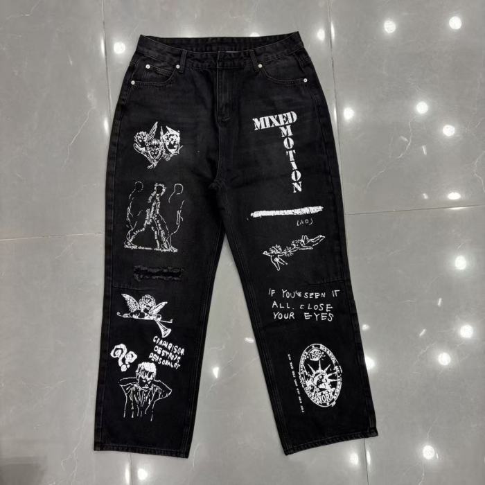 Full Graffiti Figure Print Ripped Distressed Washed Denim Men Wide Leg Straight Denim Jeans 2 colors 29285730