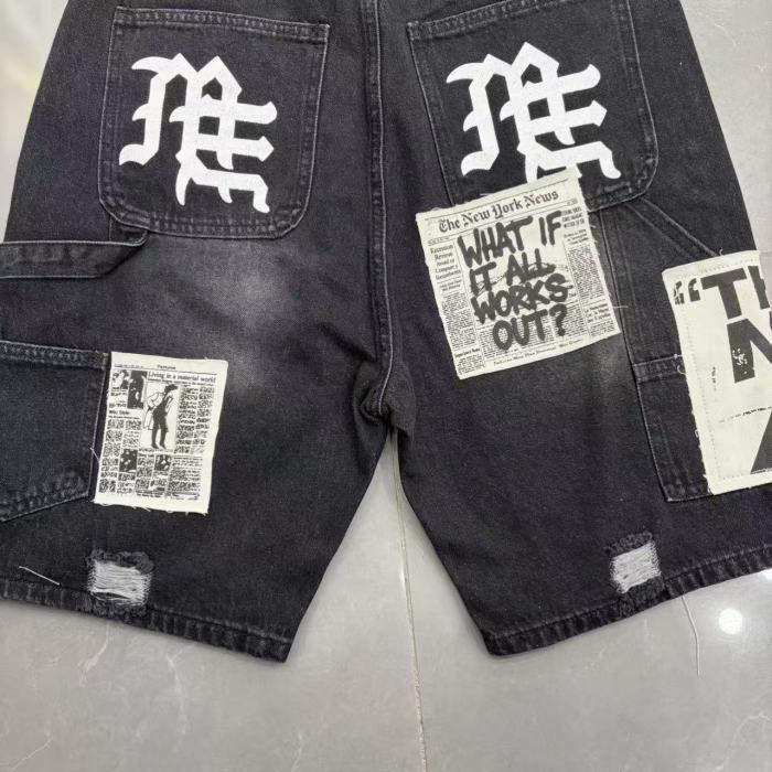 Text Patch Applique Ripped Panel Washed Denim Loose Carpenter Denim Shorts 2 colors 29285779