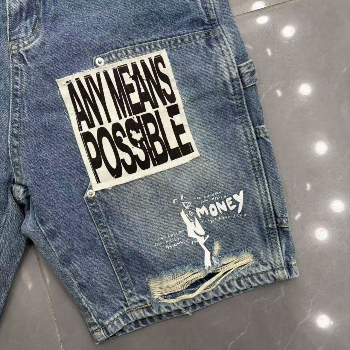 Text Patch Applique Ripped Panel Washed Denim Loose Carpenter Denim Shorts 2 colors 29285779