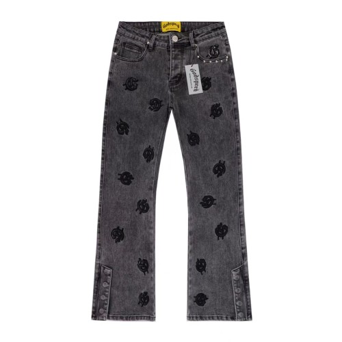 All Over Logo Embroidery Split Cuff Button Detail Acid Washed Flare Leg Jeans 3 colors 29285670