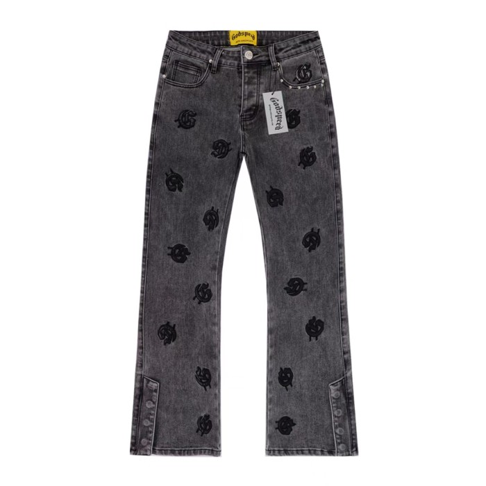 All Over Logo Embroidery Split Cuff Button Detail Acid Washed Flare Leg Jeans 3 colors 29285670