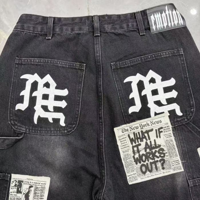 Text Patch Applique Ripped Panel Washed Denim Loose Carpenter Denim Shorts 2 colors 29285779