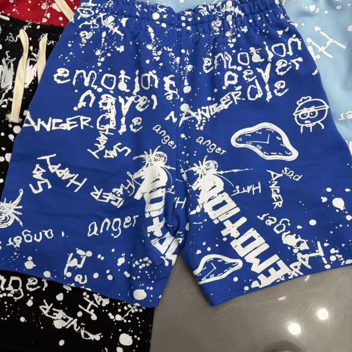 Splatter Graffiti Print Raw Hem Drawstring Terry Cloth Loose Sweat Shorts 4 colors 29285758