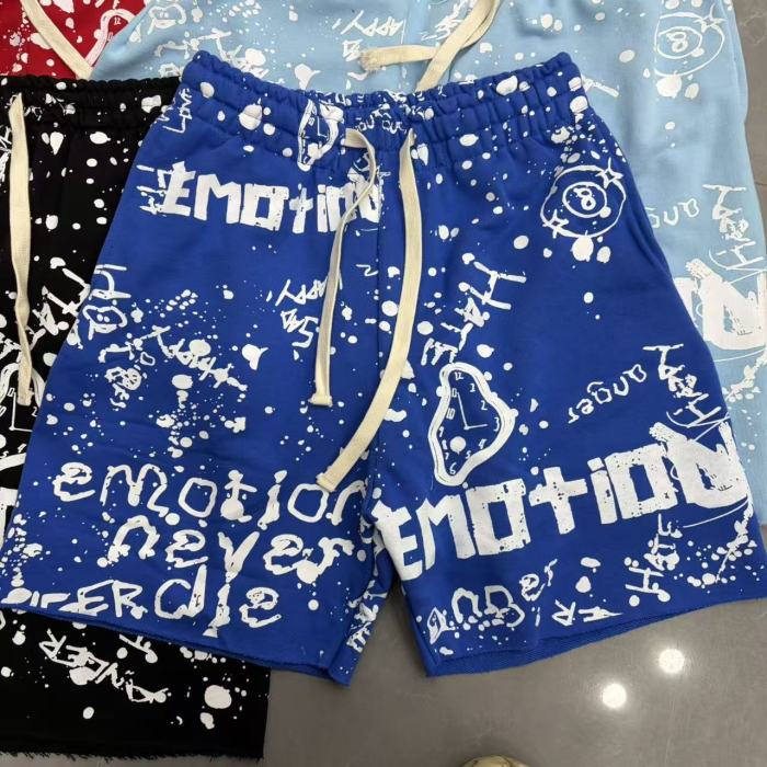 Splatter Graffiti Print Raw Hem Drawstring Terry Cloth Loose Sweat Shorts 4 colors 29285758