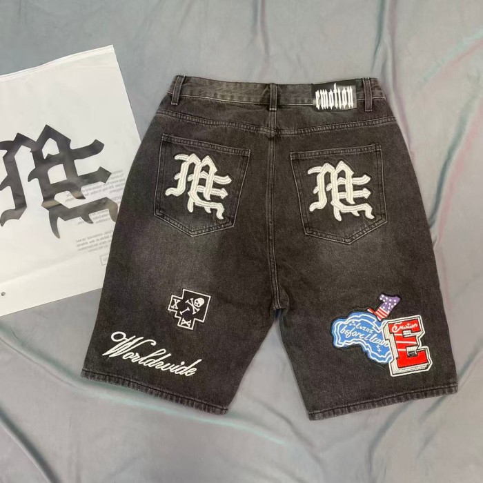 Multi Motif Patch Applique Embroidery Gothic Letter Towel Embroidery Washed Denim Shorts 29285831