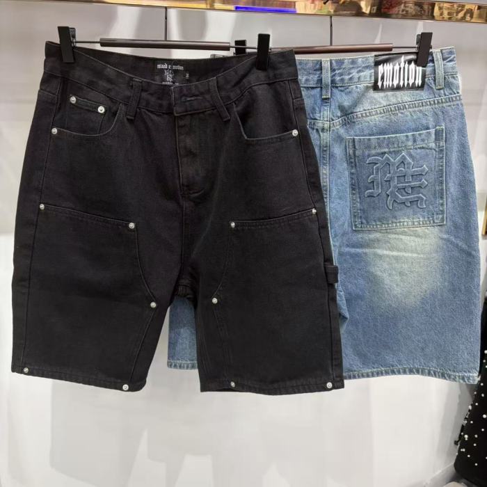 Double Front Pocket Rivet Stitch Panel Washed Men Carpenter Five Inch Denim Shorts 2 colors 29285744