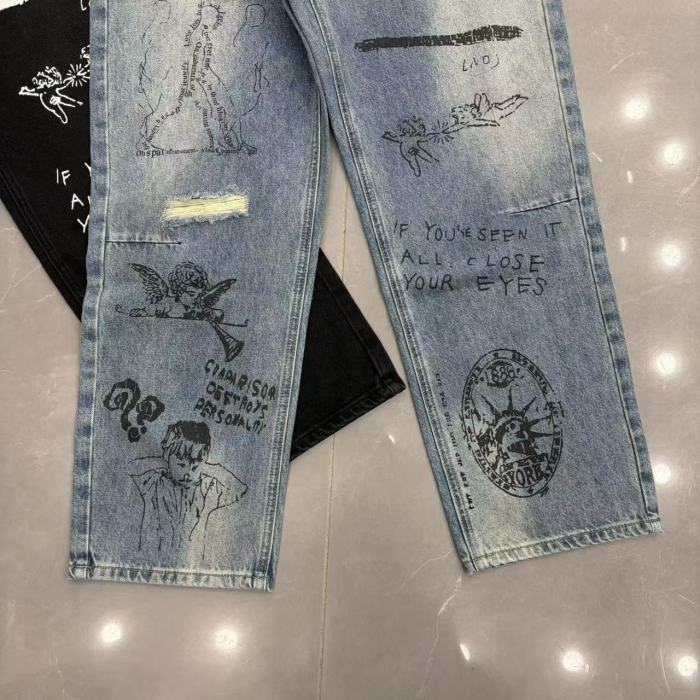 Full Graffiti Figure Print Ripped Distressed Washed Denim Men Wide Leg Straight Denim Jeans 2 colors 29285730