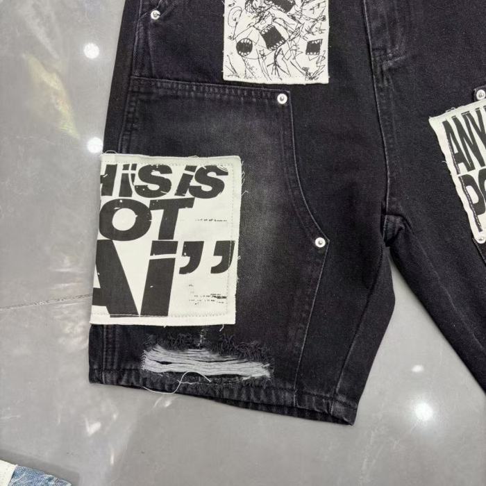 Text Patch Applique Ripped Panel Washed Denim Loose Carpenter Denim Shorts 2 colors 29285779