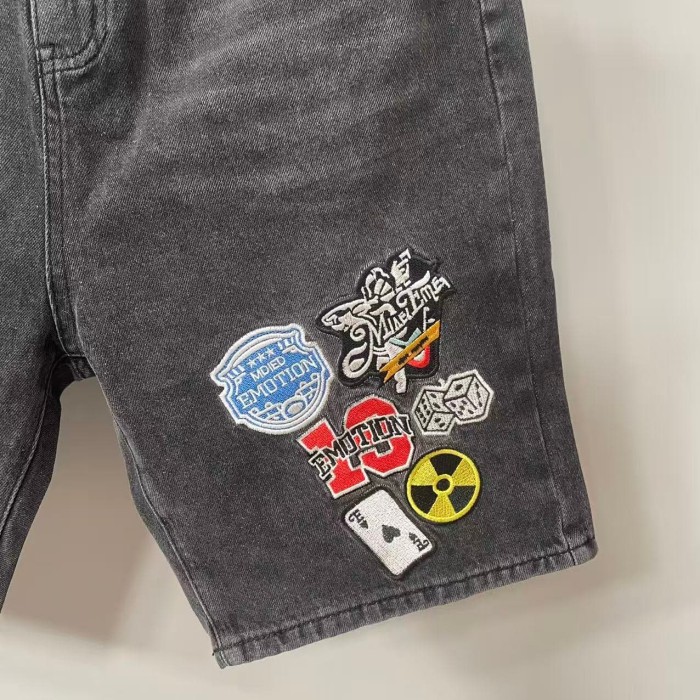 Multi Motif Patch Applique Embroidery Gothic Letter Towel Embroidery Washed Denim Shorts 29285831