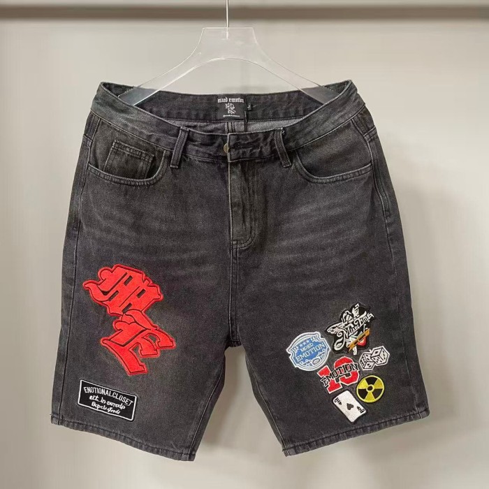 Multi Motif Patch Applique Embroidery Gothic Letter Towel Embroidery Washed Denim Shorts 29285831