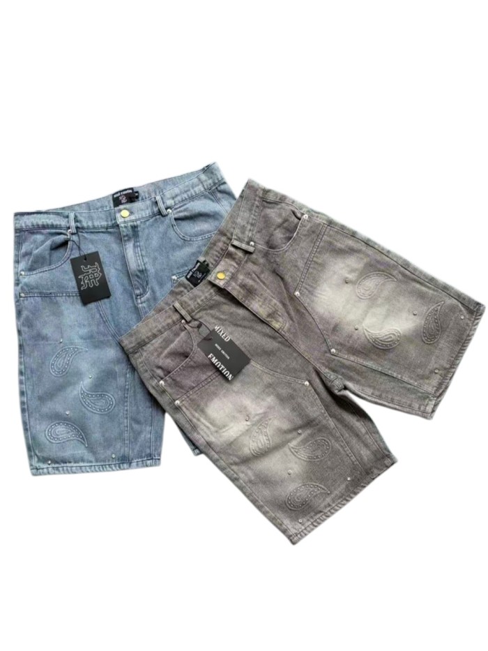 Paisley Embroidery Rhinestone Accent Gradient Washed Denim Shorts 2 colors 29285800