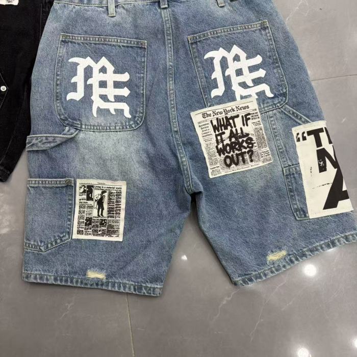Text Patch Applique Ripped Panel Washed Denim Loose Carpenter Denim Shorts 2 colors 29285779